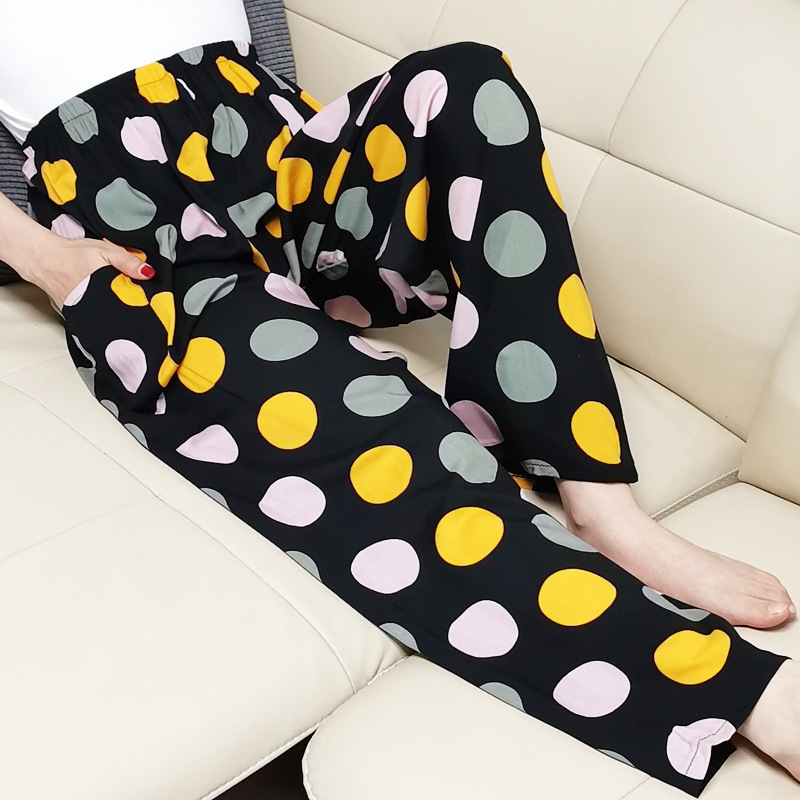 QY 綿シルクパジャマ女性の夏薄い大きいサイズ人工綿シルクは家の外で着用できます花柄ロングパンツストレートワイド|undefined