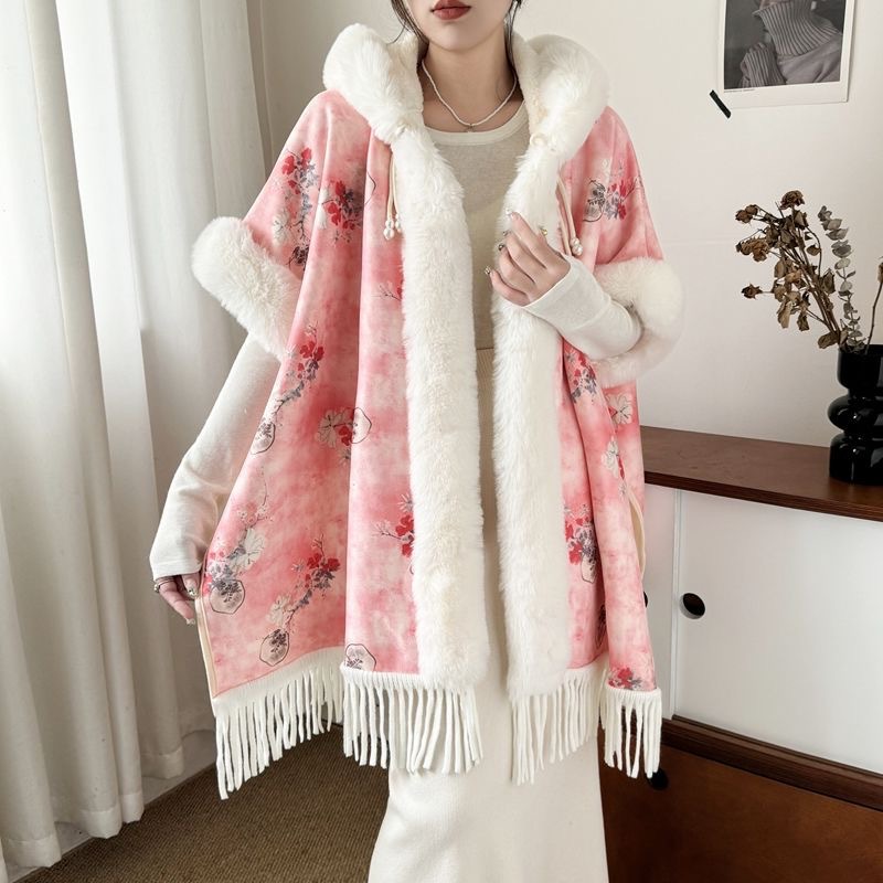 Chinese Style Cape Womens Rabbit Fur Collar Tassel Shawl Thick