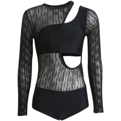 Women's  New Ins Style Long Sleeve One-Piece Swimsuit for Hot Spring and Swimming, Black Sexy and Slimming