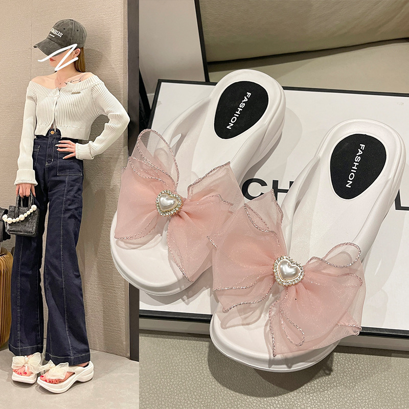 Women's wedge flip-flops summer fashionable thick-soled Pearl mesh butterfly flip-flops non-slip beach casual slippers