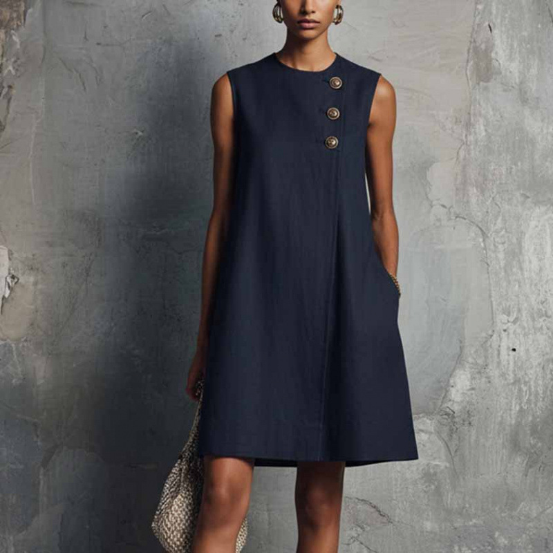 2026 European and American cross-border Amazon independent site western casual vacation button design pocket cotton-linen dress 2026 European and American cross-border Amazon independent site western casual vacation button design pocket cotton-linen dress