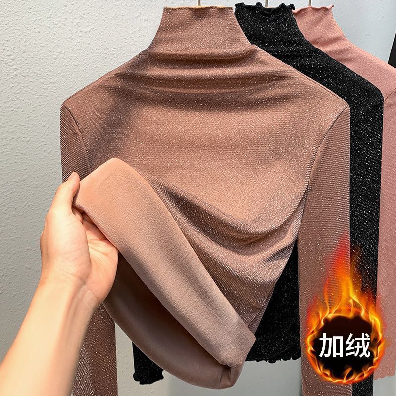 Shiny Silk Fleece-Lined Base Shirt for Women, Fashionable and Stylish Top, 2025 New High-Neck Fashion Mesh Blouse for Women
