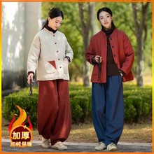 佛系居士服女秋冬中式复古棉衣棉服盘扣棉麻夹棉外套禅修服女套装