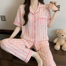 韩系甜美风夏季睡衣少女短袖长裤皱布条纹ins风蝴蝶结家居服实拍
