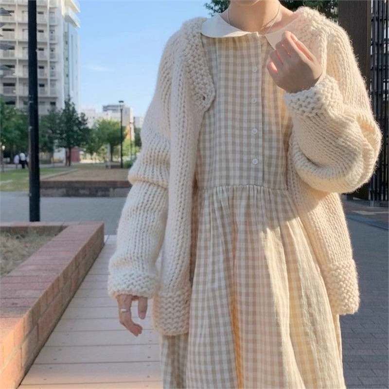 小清新减龄格子娃娃领宽松显瘦长袖连衣裙女秋季外搭毛衣两件套|undefined