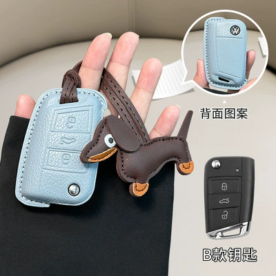 Car key bag – Suitable for Volkswagen Sagitar Key - standard-volkswagen-model-b-flax-blue-brown-dachshund