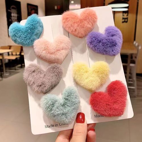Autumn and Winter Love Heart Plush Hair Clips Fairy Girl Teenage Fluffy Super Cute Internet Celebrity Children Cute Side Parted Hair Clips