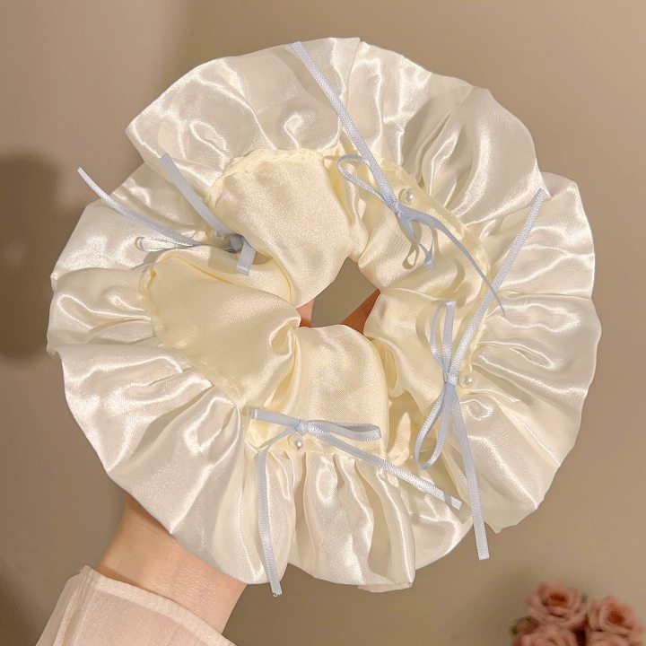 89#블루 보우 펄 크림 화이트 새틴 레이스 약 20cm