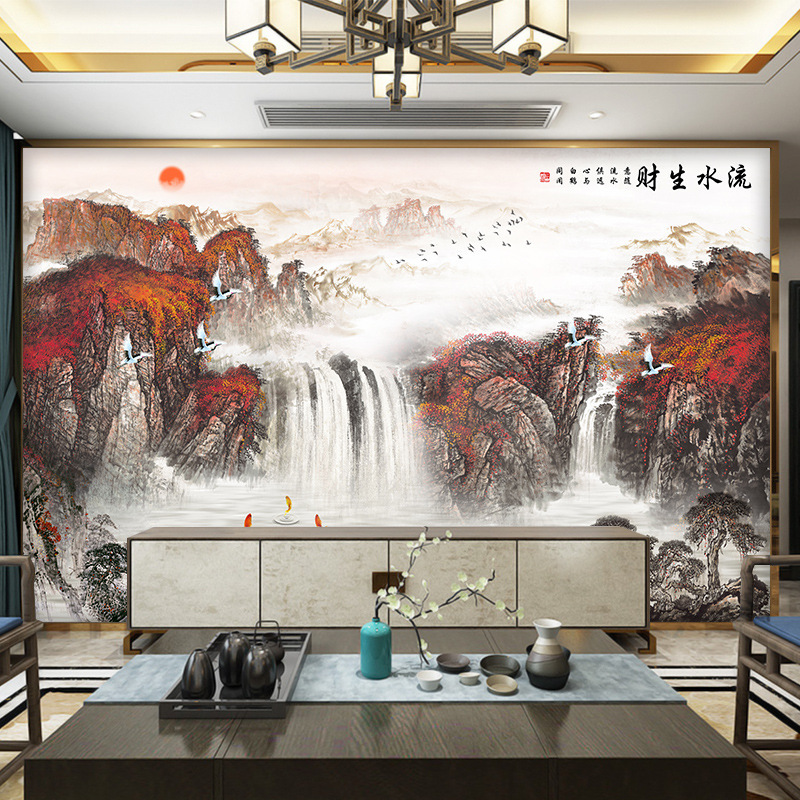 电视背景墙壁画新中式山水画流水生财壁布3D立体壁纸客厅影视墙布|undefined