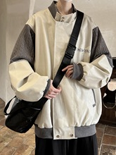 灰色夹男春秋季设计感小众拼接撞色皮衣美式复古大码立领外套潮