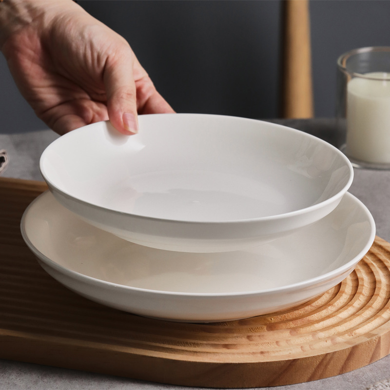 Pure White Ceramic Plate Household Dish Plate Round Plate Deep Plate High Temperature Soup Plate Rice Plate Dinner Plate Hotel Restaurant Plate Wholesale