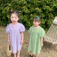 韓國女童連衣裙夏季韓版洋氣格子刺繡公主裙新款小女孩長裙
