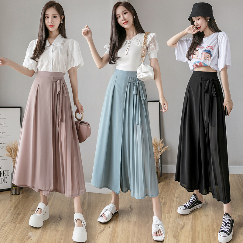 2026 Japanese and Korean High-Quality Women's Chiffon Long Pants Plus-Size Skirt Pants Elastic Casual Pants Tie-Waist Pants Skirt Soft Pants