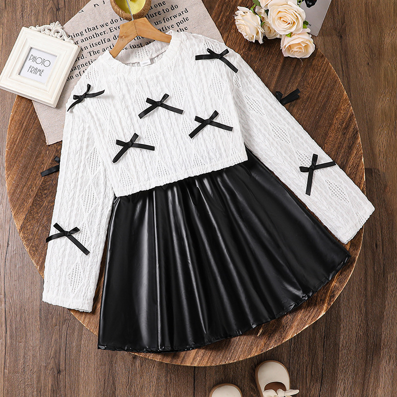 Girls' Outfit 2026 Spring New European and American Style Sweet and Stylish Bow Long-Sleeve Top and Skirt Two-Piece Set