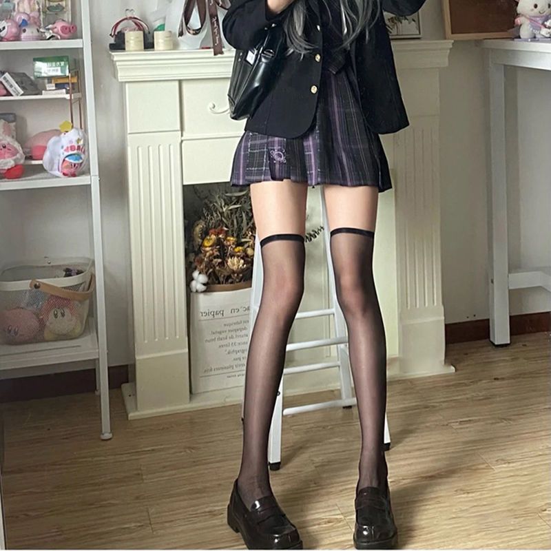丝袜薄款K黑丝过膝袜夏季性感辣妹长筒大腿袜黑色透明中筒袜子|ru