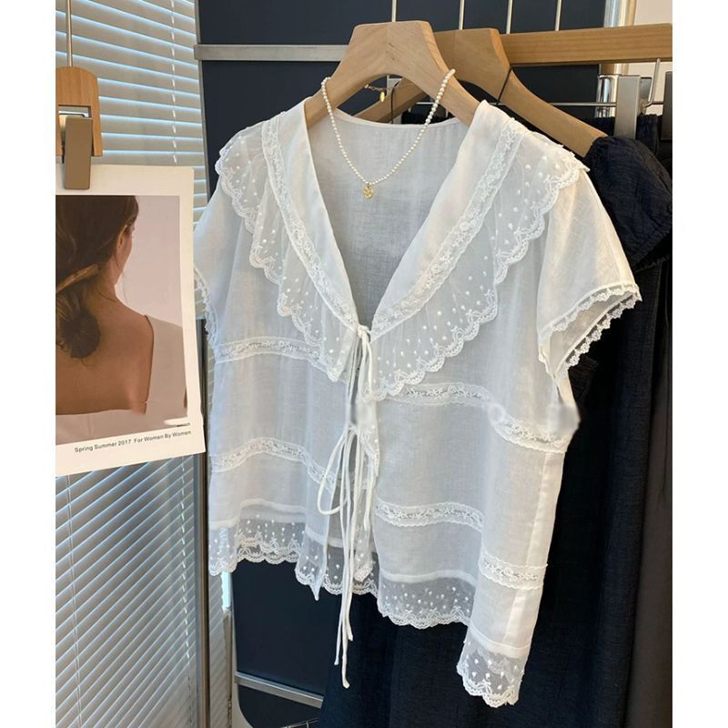 2026 New Style French Romantic Style Pink Lace Lace-Up Shirt for Women with Long Sleeves, Sweet Loose V-Neck Blouse