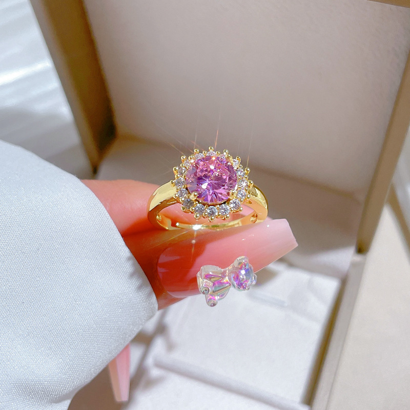 Anello con diamante rosa rotondo completo, apertura regolabile, gioiello semplice giapponese, anello per coppie_voghion.com
