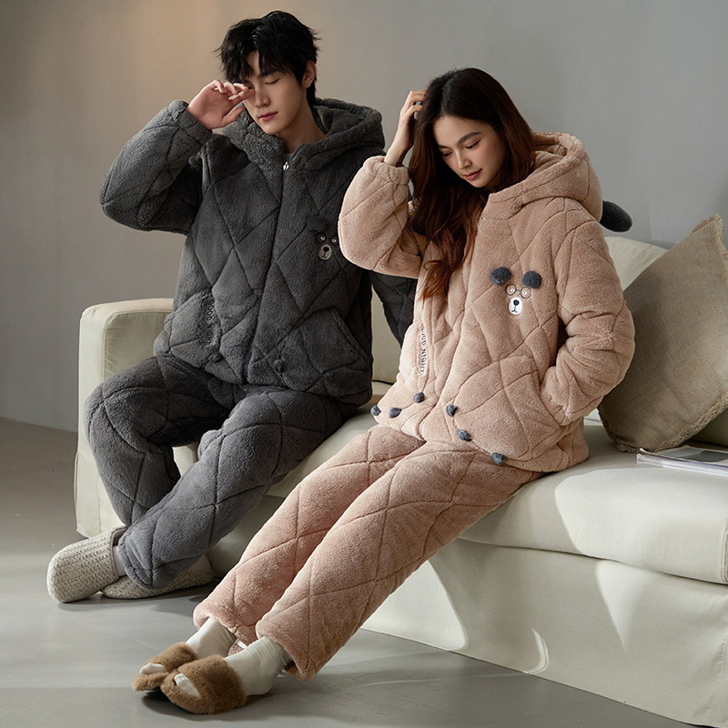 Coral de lana más lana gruesa chaqueta de algodón de tres capas super gruesa pareja de pijamas de mujer otoño invierno ropa de hogar encapuchada hombre 2024