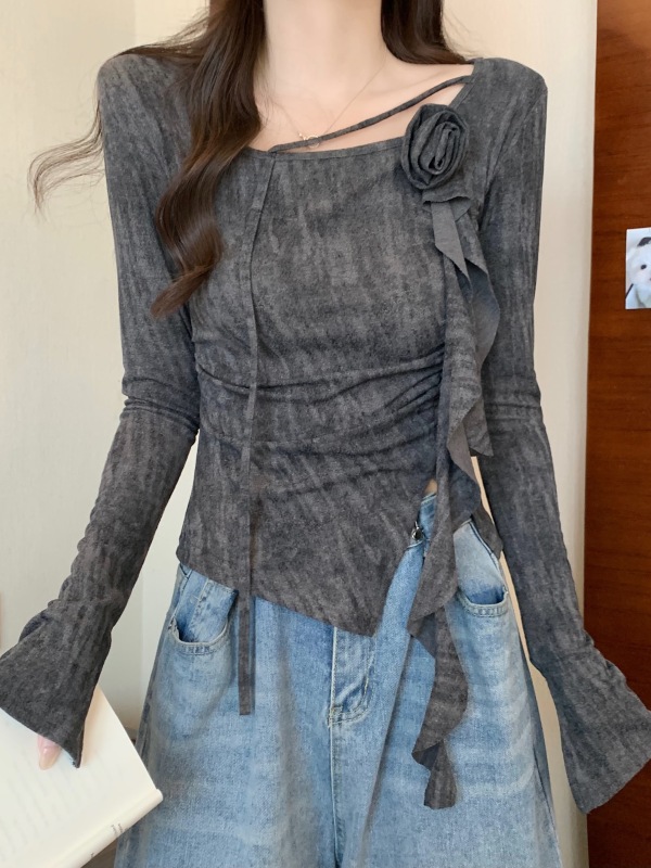 韩系设计感立体花朵褶皱扎染长袖针织衫女秋季不规则修身显瘦上衣|undefined
