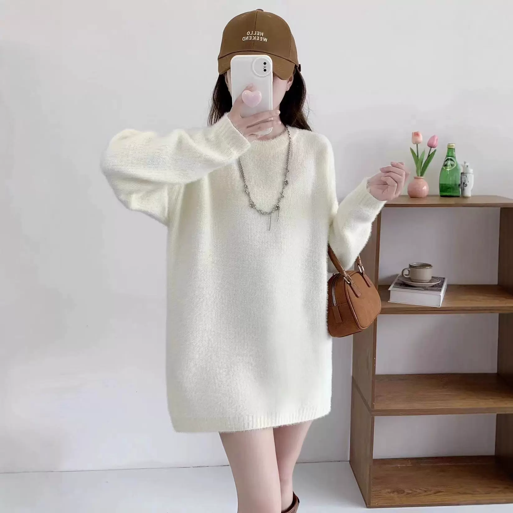 水貂绒中长款毛衣女式秋冬季纯色宽松气质休闲百搭软糯打底针织衫