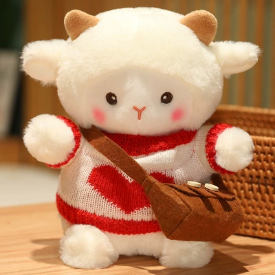 Poke Lamb Doll Stuffed Toy Oyuncaq yastıqlar - white-red-heart-sweater-brown-bag-21cm