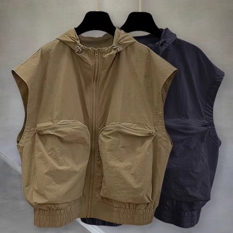 Cardigan Zipper Hooded Sleeveless T-shirt Men's Summer Korean Style Fashionable Tooling Stereo Pocket Design Sense Waistcoat Vest