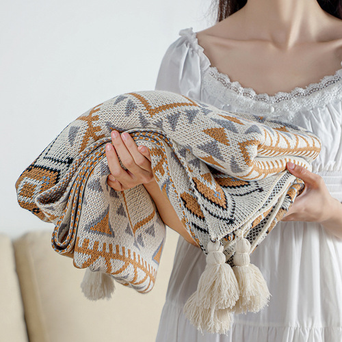 Live broadcast simple knitted wool bohemian shawl blanket acrylic nap blanket winter decorative blanket sofa cover