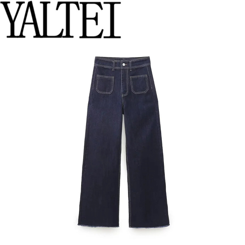 Zar Autum New Women's Clothing Navy Style Flap Pocket Pants Loose Straight High Waist Jeans 9632250407 Zar Autum New Women's Clothing Navy Style Flap Pocket Pants Loose Straight High Waist Jeans 9632250407