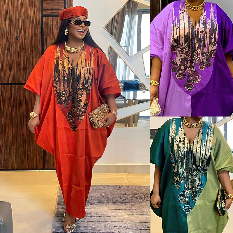 Cross-Border Independent Website Aliexpress African Ethnic Style Loose Long Dress with Headscarf Plus Size Color-Blocking Dress 8945