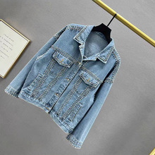 牛仔外套女欧洲站跨境外贸新款重工钉珠镶钻大衣女蓝色夹克宽松