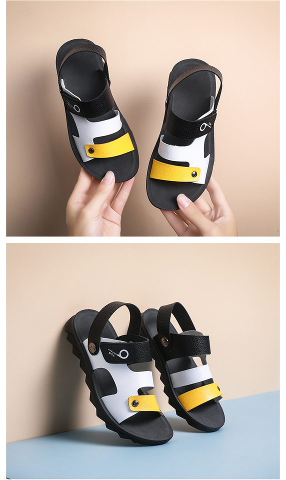 Dép sandal trẻ em mùa hè đế mềm thoải mái cho bé trai, dép đi biển chất liệu da siêu sợi, kiểu mũi tròn — Hắc Bảo Lan, Đen trắng, Đen vàng chi tiết 14