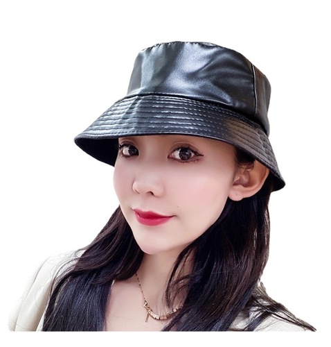 PU leather fisherman hats for girls, suitable for spring and autumn, British trend, niche items, retro fashionable, versatile, leather hats, octagonal beanie hats