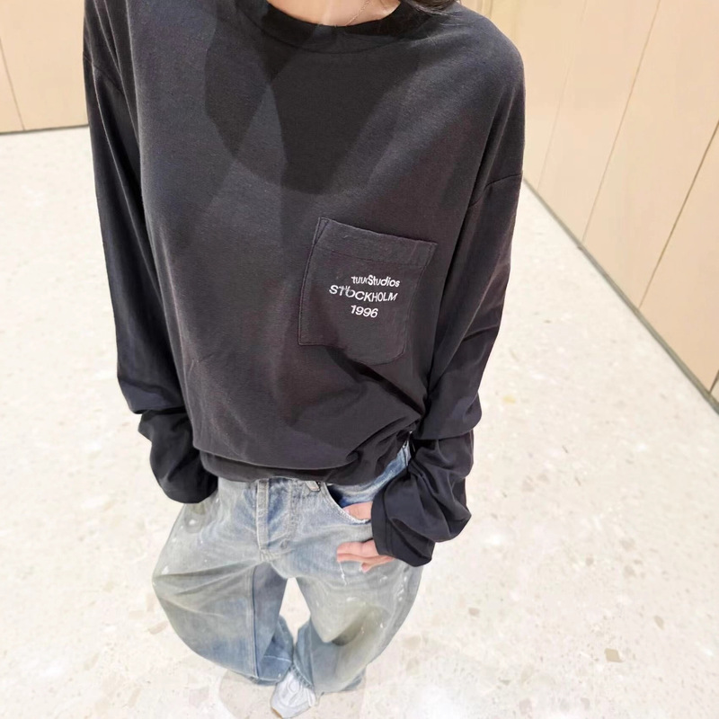 Now Available! Ac Brand~25 New Style Pocket Print Linen Long-Sleeve Base Shirt Casual Round Neck Pullover T-Shirt Unisex