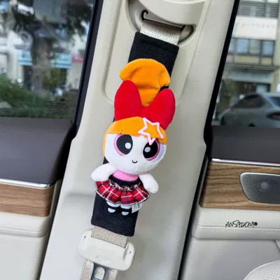 Sürətlər qutusu və əl tormozu başlıqları Car Seat Belt Shoulder Cover - genuine-powerpuff-girls-shoulder-cover-black-linen-orange-hair-flower-pink-hair-clip-red-skirt
