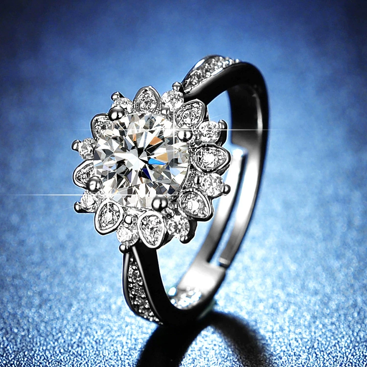 Ring one carat, adjustable open band with AAA zirconia, silver-layer plating