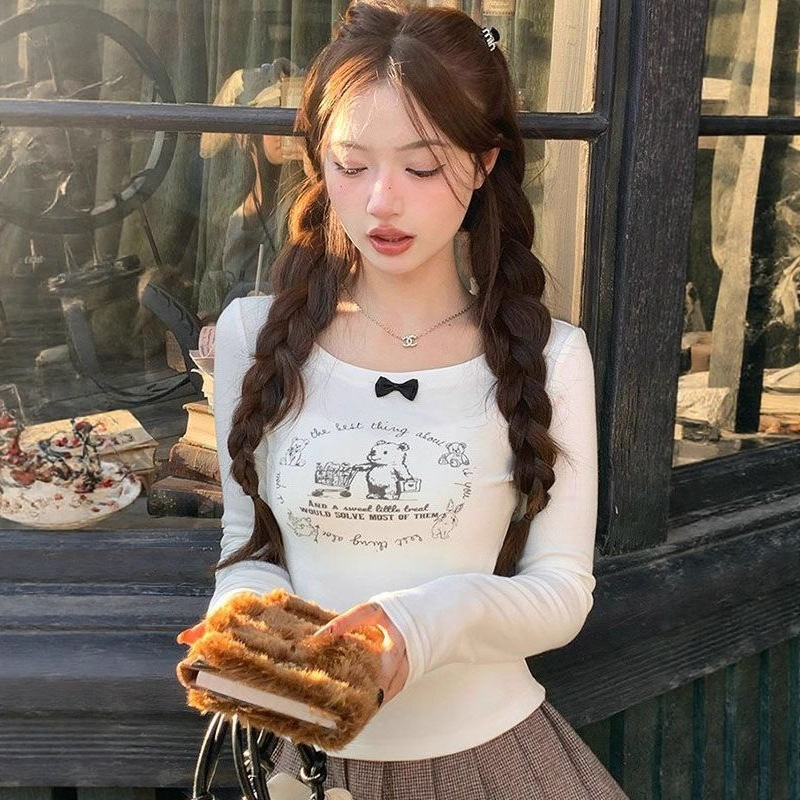 Autumn and Winter New Pure Desire Style Spicy Girl Short Long-Sleeve T-Shirt for Women, Slim-Fit Versatile Design Base Shirt Top