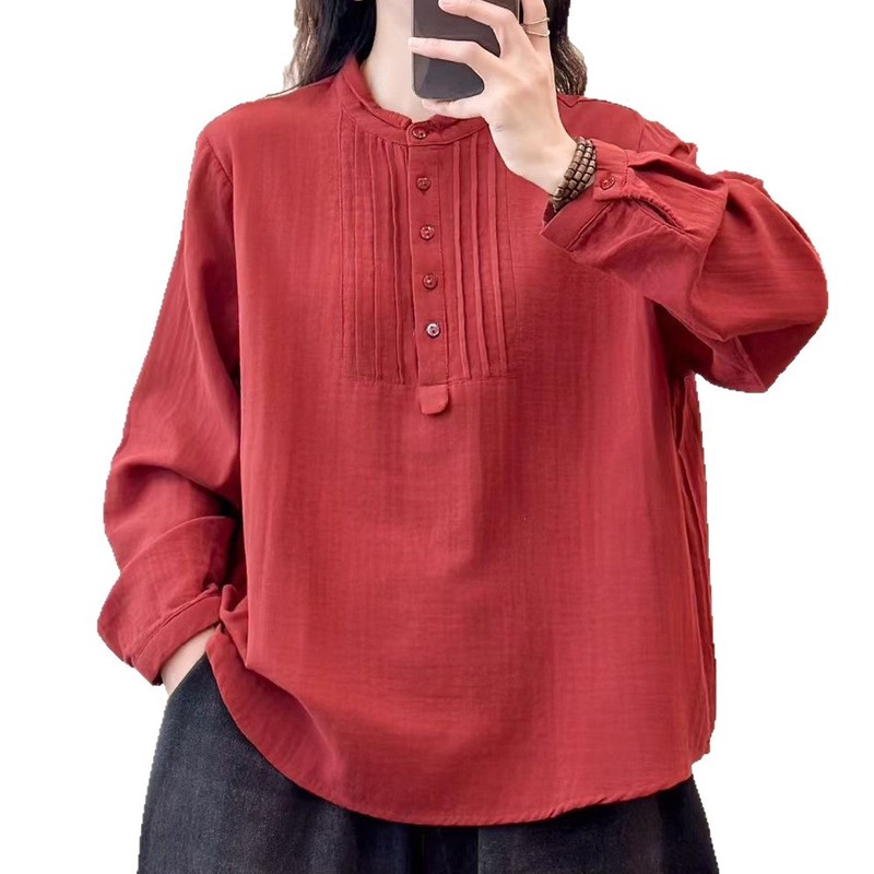日韩春秋双层棉纱休闲长袖衬衫木耳领宽松棉质宽松大码女装衬衣|undefined