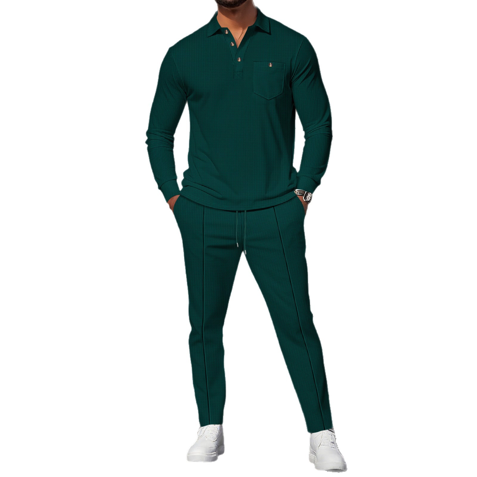 Plus Size Men's Long Shirt And Trousers Suit Solid Color Waffle Knit Casual Lapel Trendy_voghion.com