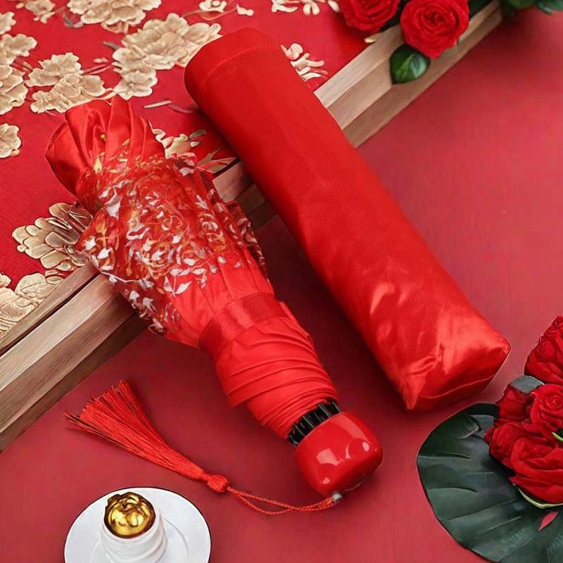 Wedding Red Umbrella, Bright Red 70% off Ribs, Festive Lace Bridal Umbrella, Chinese Retro Wedding Celebration Folding Umbrella