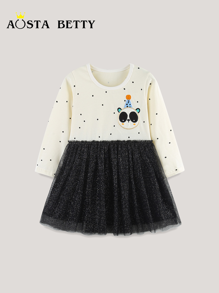 AostaBetty vestido de niña de estilo europeo y americano 26 mallas de otoño falda infantil de algodón de cuello redondo falda casual para niños