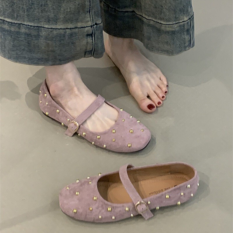 brown Rivet Niche Mary Jane Shoes Women's 2025 Autumn and Winter New Woolen Round Toe Ballet Flat Retro Single Shoes