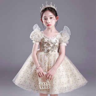 Children's piano costume 2024 spring little girl champagne short high-end puffy yarn princess skirt manufacturers supply