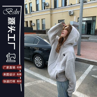 博思伦毛巾绣加绒连帽卫衣外套女秋冬新款宽松显瘦小个子上衣