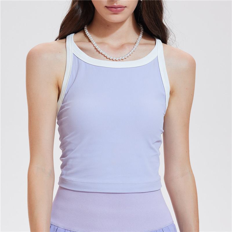 Nuevo sujetador deportivo transfronterizo de alta intensidad a prueba de golpes para mujer, con colores contrastantes y copas fijas, efecto segunda piel, para yoga y uso exterior.