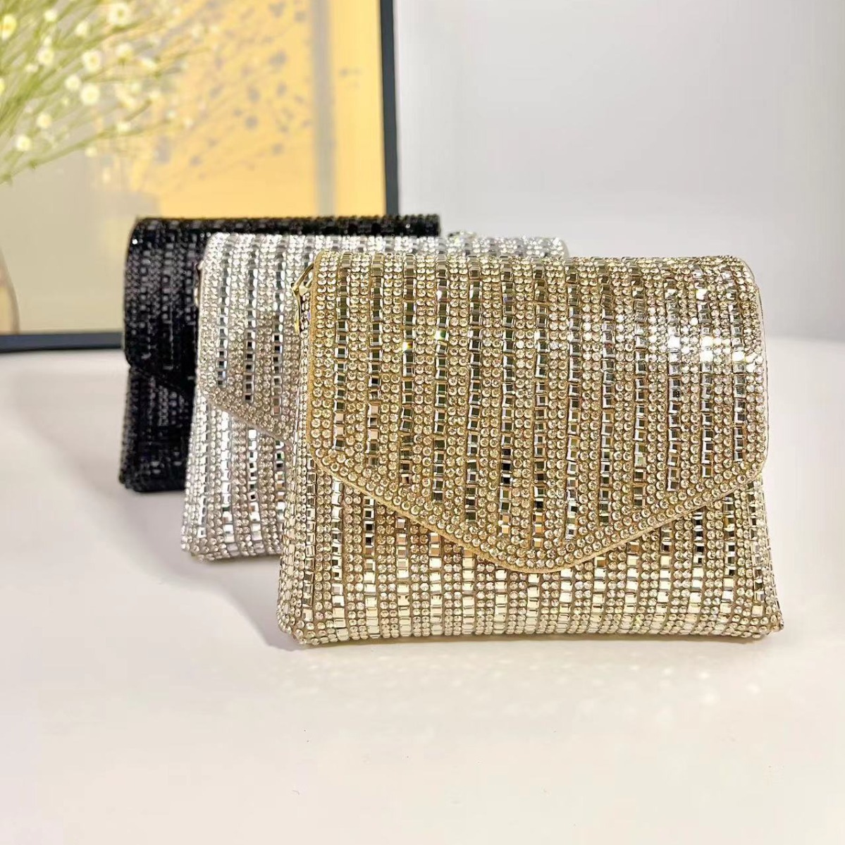 국경 간 도매 신상품 라인스톤 작은 사각 가방, 동전 지갑, 클러치백, 풀 다이아몬드 크로스백, 대외 무역을 위한 공장 직접 공급