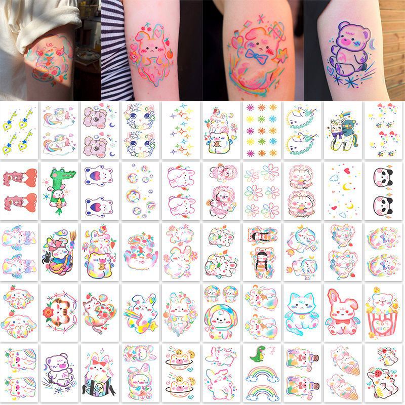 Ins Style Color Cartoon Small Pattern Girl's Cute Childlike Tattoo Sticker for Women and Men Realistic Line Long-lasting Waterproof