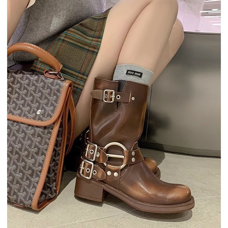 真皮百搭美式短靴女2025春秋新款时尚气质粗跟复古短筒马丁靴|undefined
