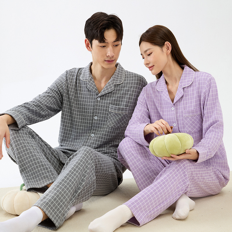 情侣德绒格子睡衣套装开襟加绒保暖家居服冬季睡衣
