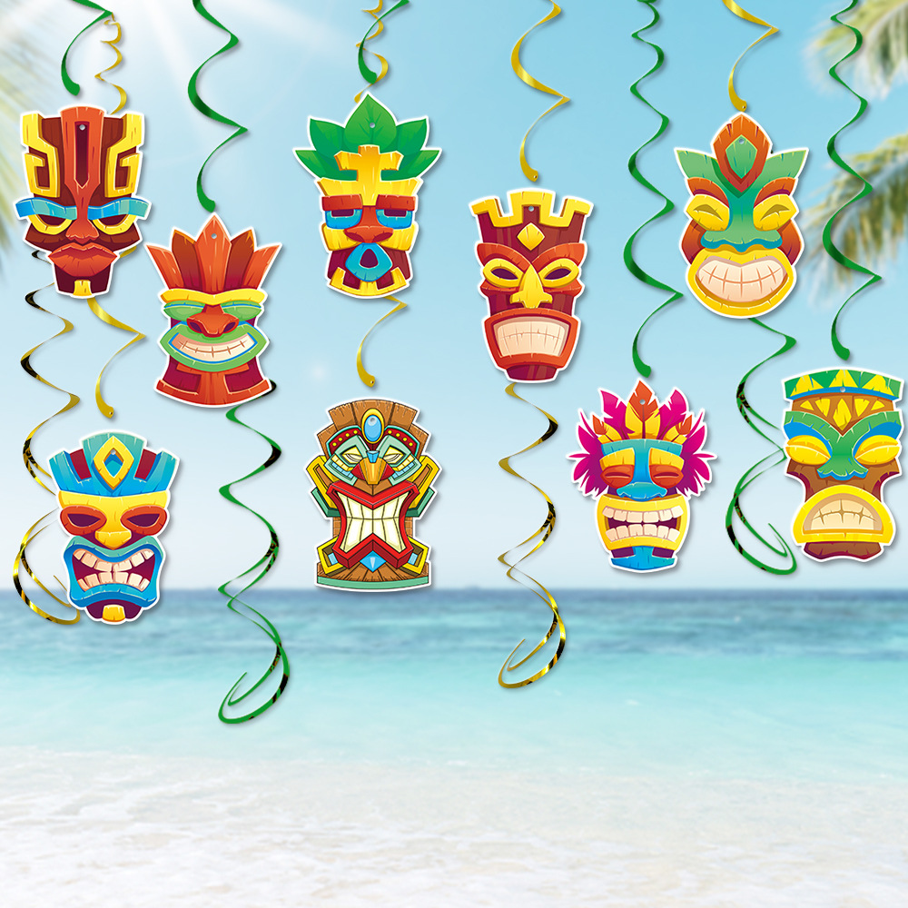 Suministro directo de fábrica de decoración de fiesta hawaiana etiqueta en espiral verano máscara de dios hawaiano colgante en espiral
