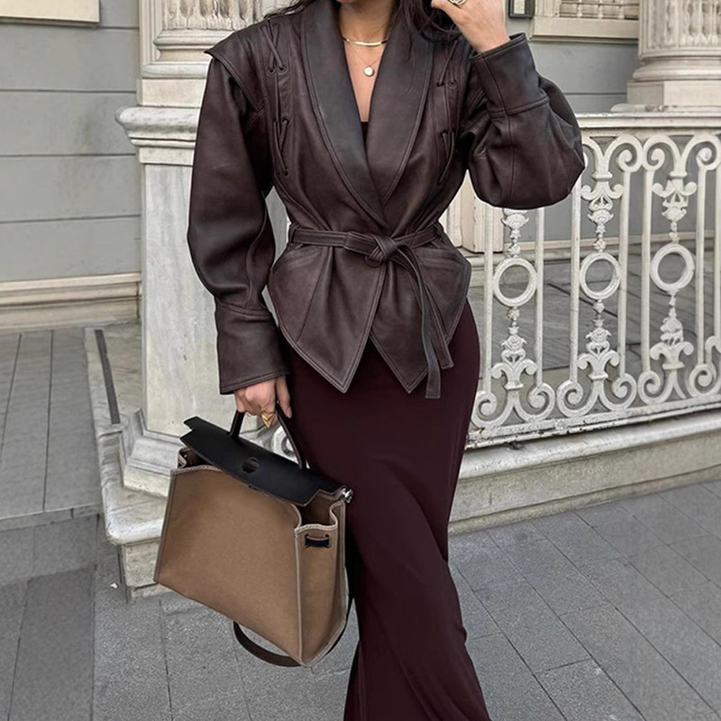 Real shot-best selling lace-up short leather jacket coat 2024 autumn and winter cross-border ladies street personality leather coat